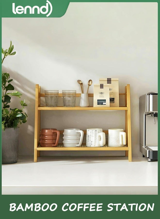 LENND Coffee Station Organizer, Bamboo Mug Holder Countertop, Kitchen Counter Shelf for Tea Coffee Bar Accessories, Matcha Stand, Cup Display, Condiment Storage Rack - Image 5